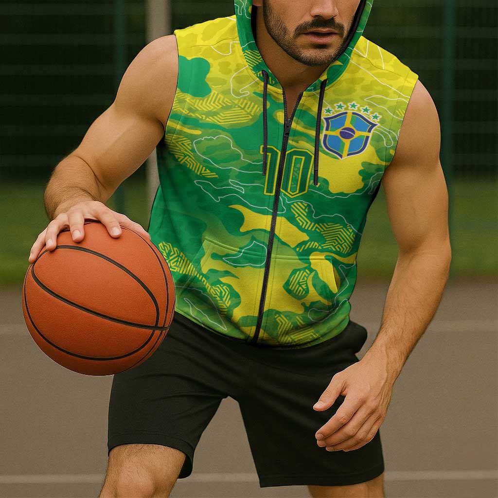 Custom Brazil National Football Sleeveless Zip Hoodie South American Wild Nature Sporty Style - Wonder Print Shop