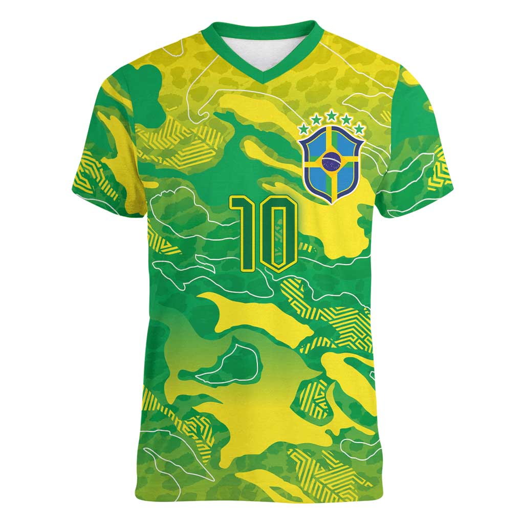 Custom Brazil National Football Women V-Neck T-Shirt South American Wild Nature Sporty Style - Wonder Print Shop