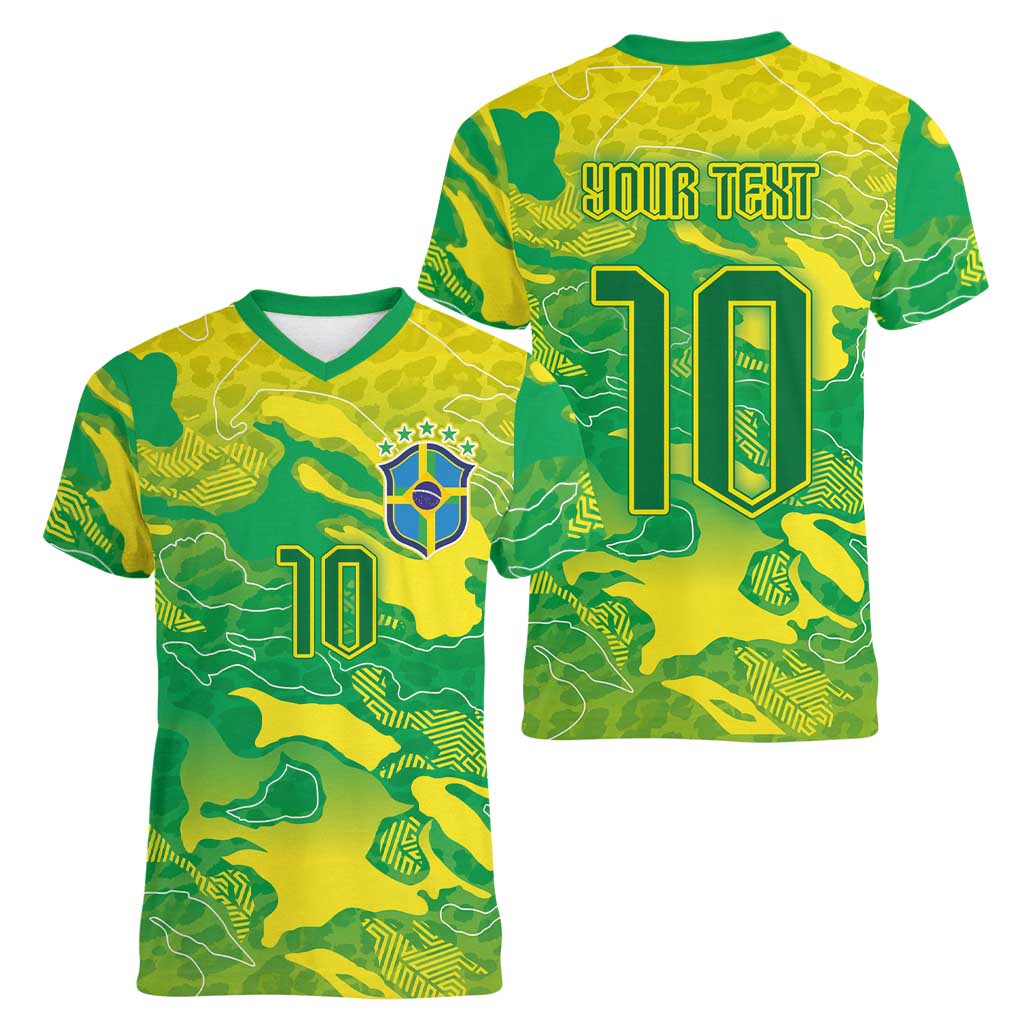 Custom Brazil National Football Women V-Neck T-Shirt South American Wild Nature Sporty Style - Wonder Print Shop