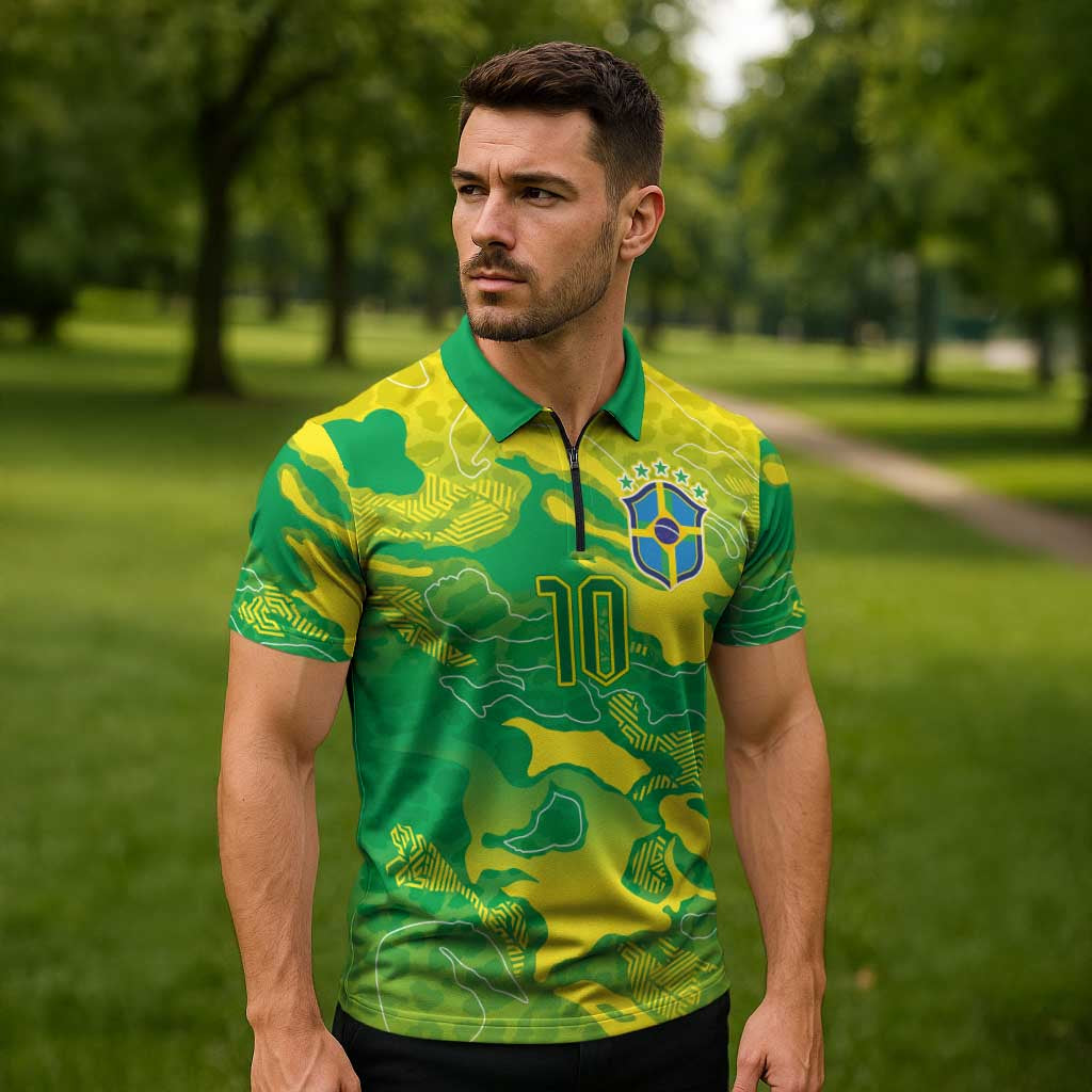 Custom Brazil National Football Zipper Polo Shirt South American Wild Nature Sporty Style - Wonder Print Shop