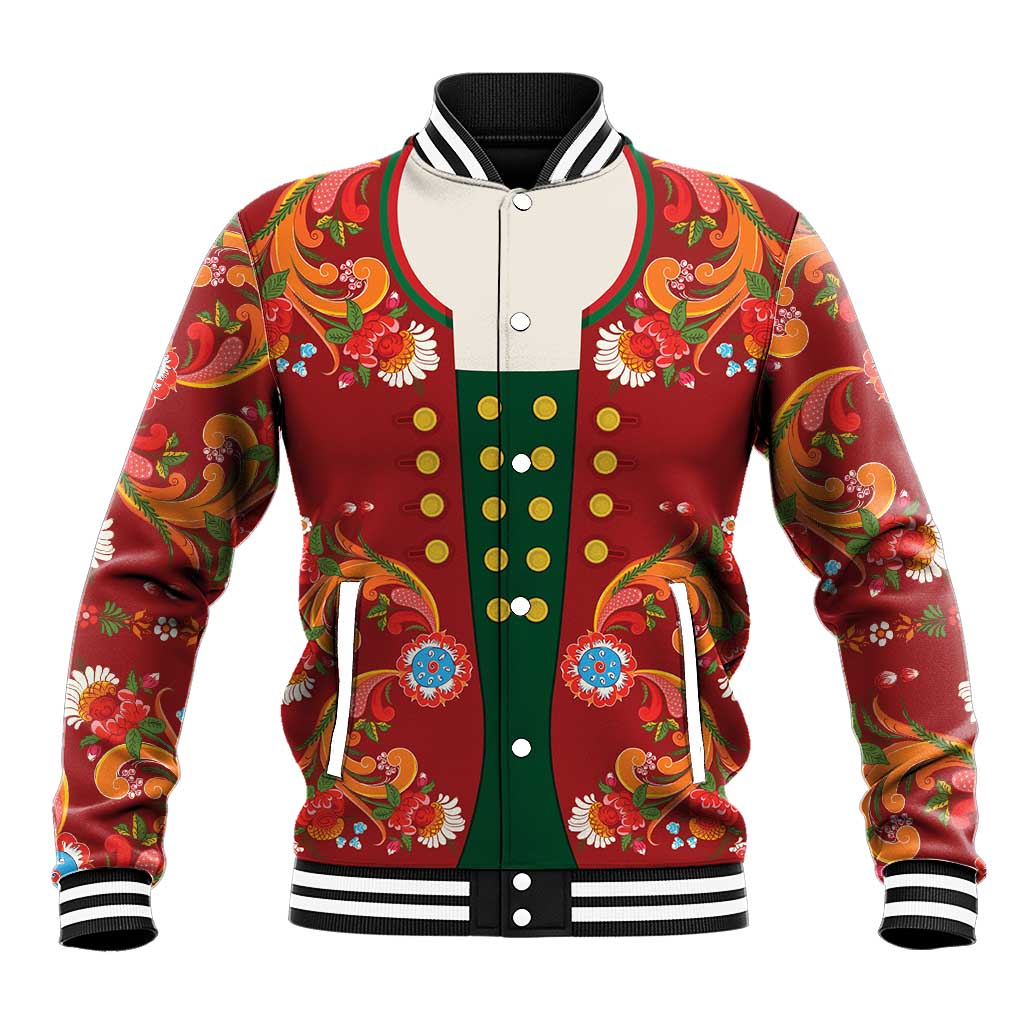 Norwegian Male Bunad Baseball Jacket with Rosemaling Folk Art Red Color - Wonder Print Shop