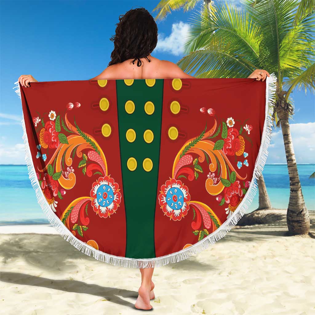 Norwegian Male Bunad Beach Blanket with Rosemaling Folk Art Red Color - Wonder Print Shop