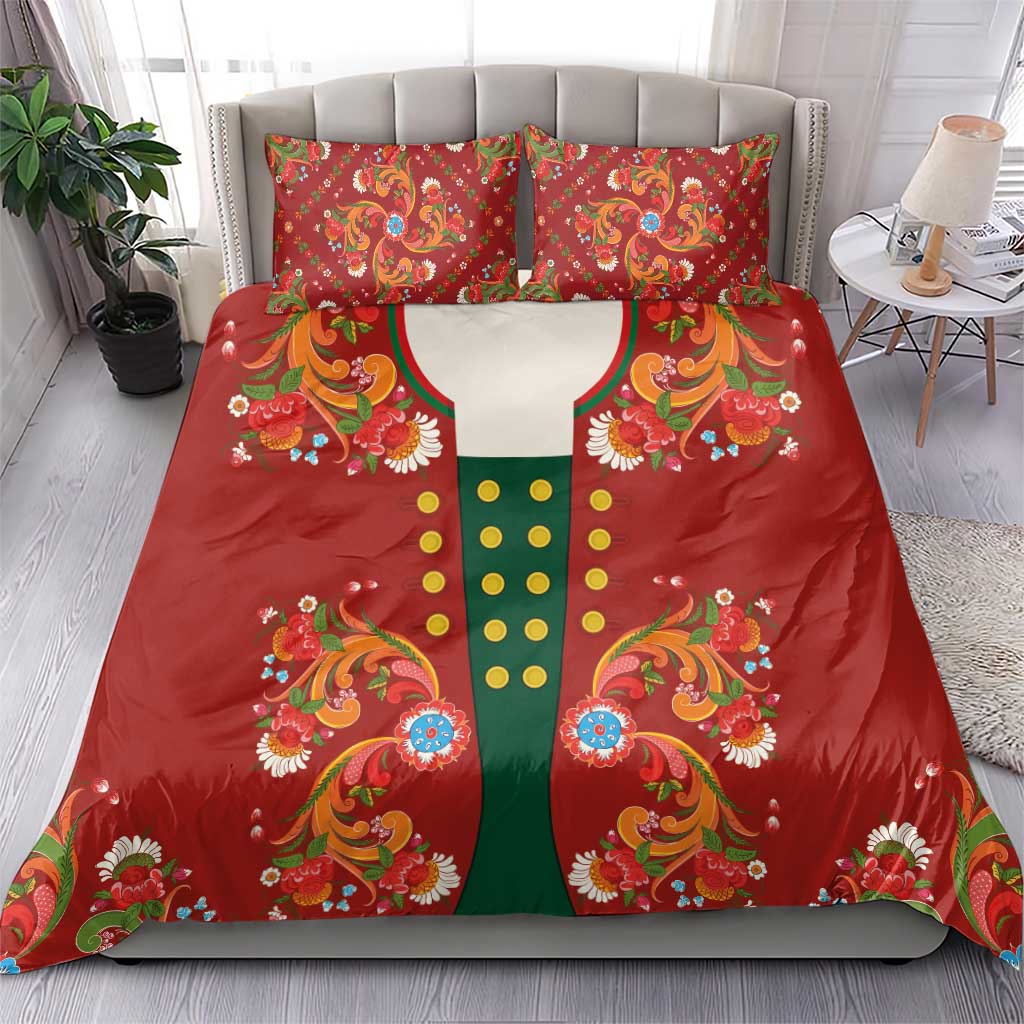 Norwegian Male Bunad Bedding Set with Rosemaling Folk Art Red Color - Wonder Print Shop