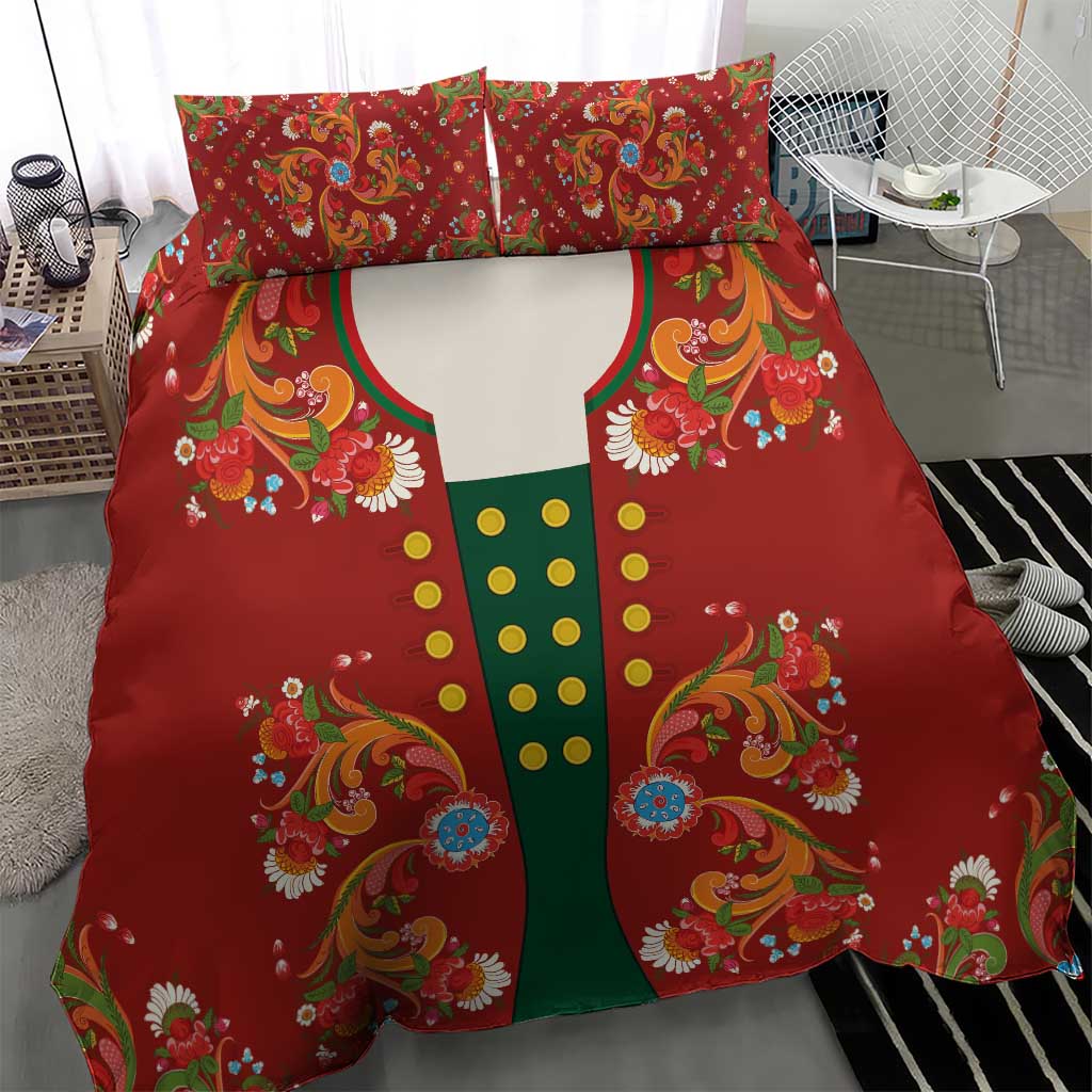 Norwegian Male Bunad Bedding Set with Rosemaling Folk Art Red Color - Wonder Print Shop