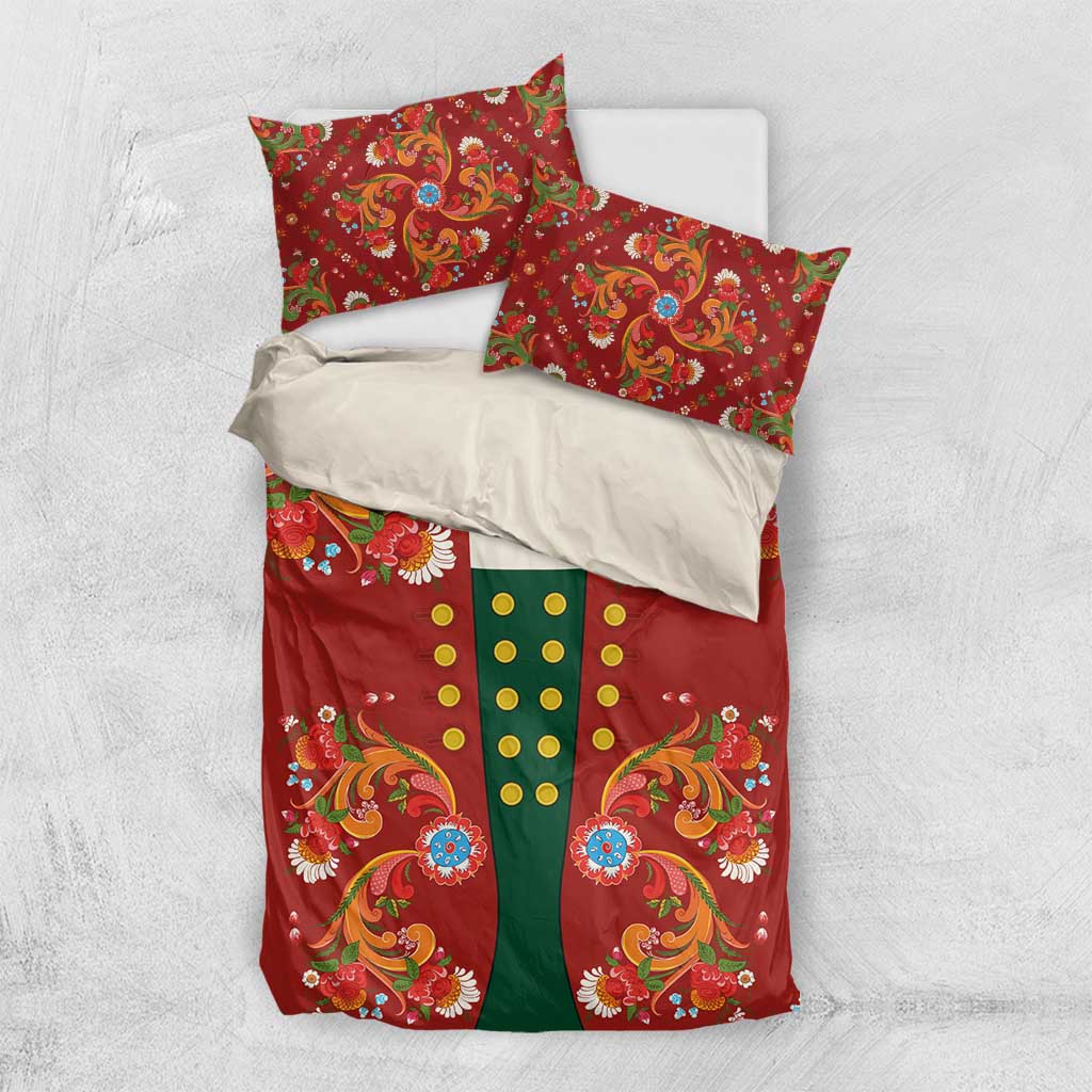 Norwegian Male Bunad Bedding Set with Rosemaling Folk Art Red Color - Wonder Print Shop