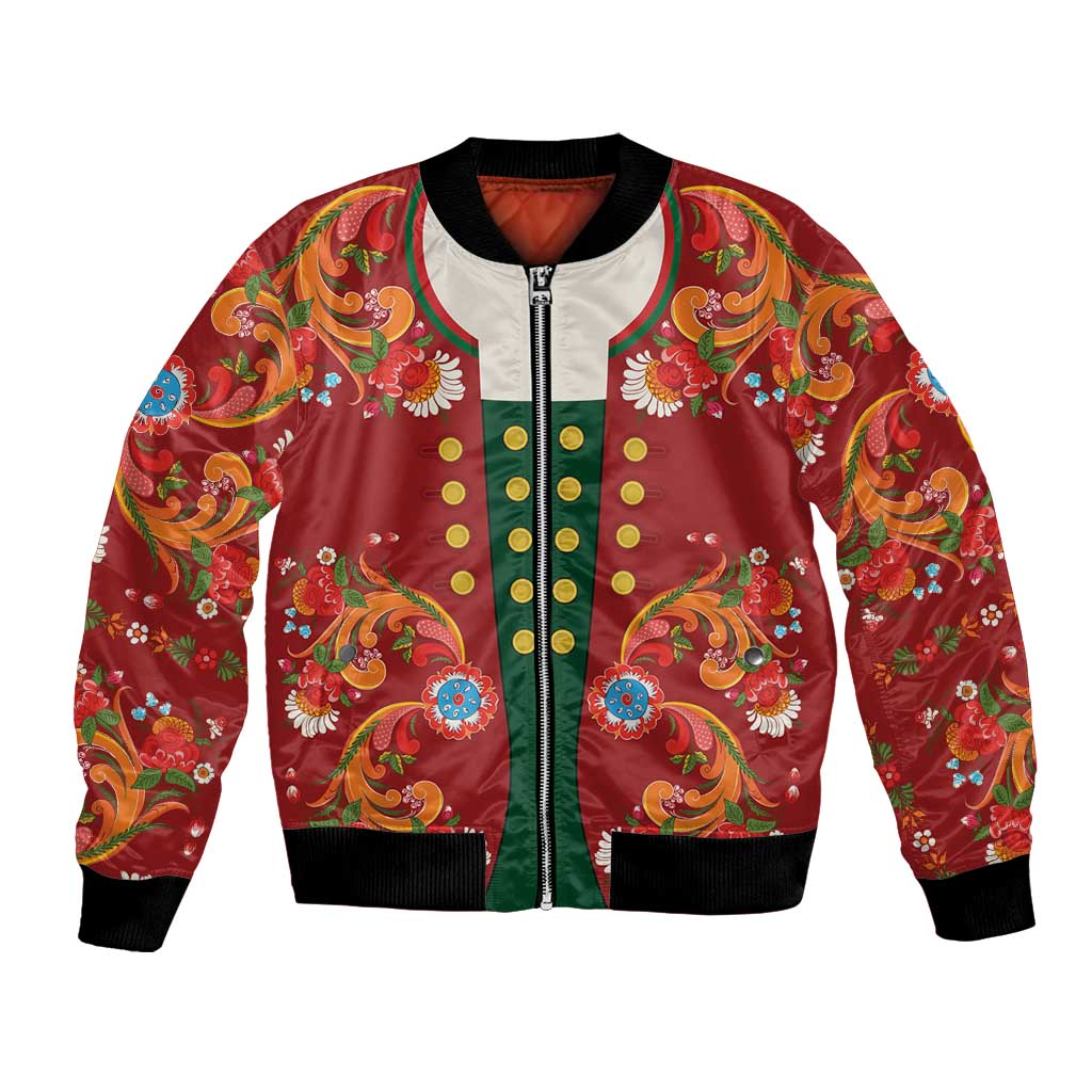 Norwegian Male Bunad Bomber Jacket with Rosemaling Folk Art Red Color - Wonder Print Shop