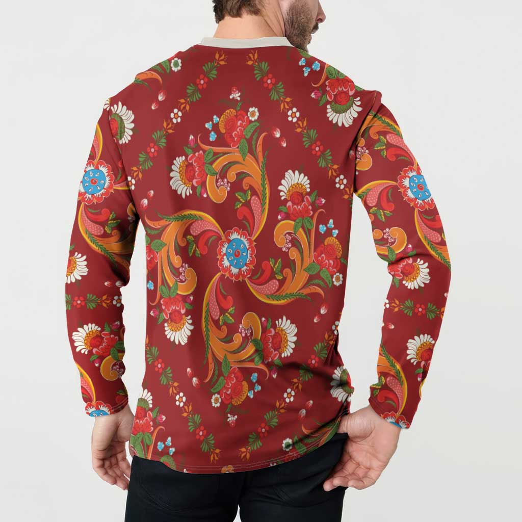 Norwegian Male Bunad Button Sweatshirt with Rosemaling Folk Art Red Color - Wonder Print Shop