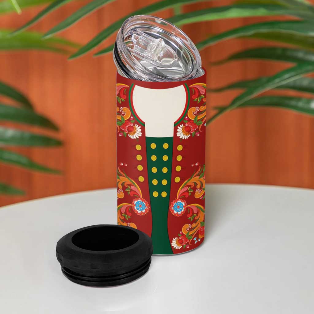 Norwegian Male Bunad 4 in 1 Can Cooler Tumbler with Rosemaling Folk Art Red Color - Wonder Print Shop