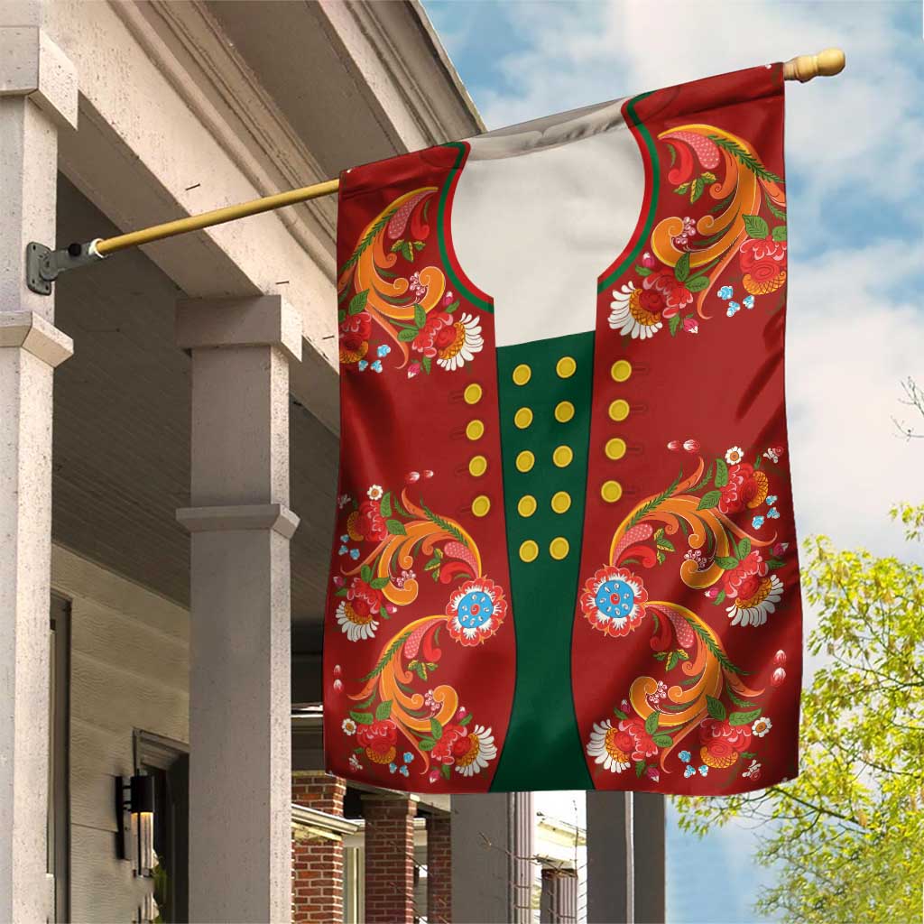 Norwegian Male Bunad Garden Flag with Rosemaling Folk Art Red Color - Wonder Print Shop