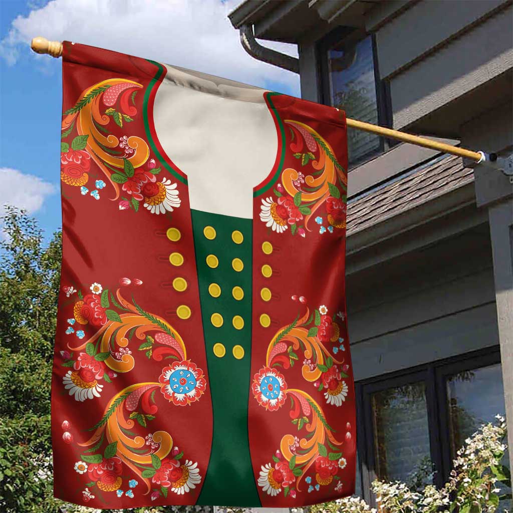 Norwegian Male Bunad Garden Flag with Rosemaling Folk Art Red Color - Wonder Print Shop