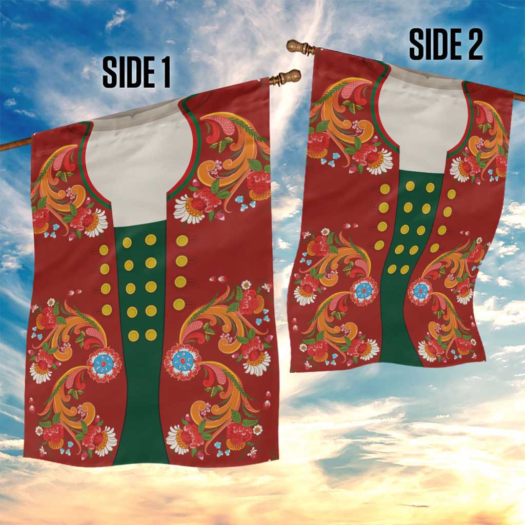 Norwegian Male Bunad Garden Flag with Rosemaling Folk Art Red Color - Wonder Print Shop