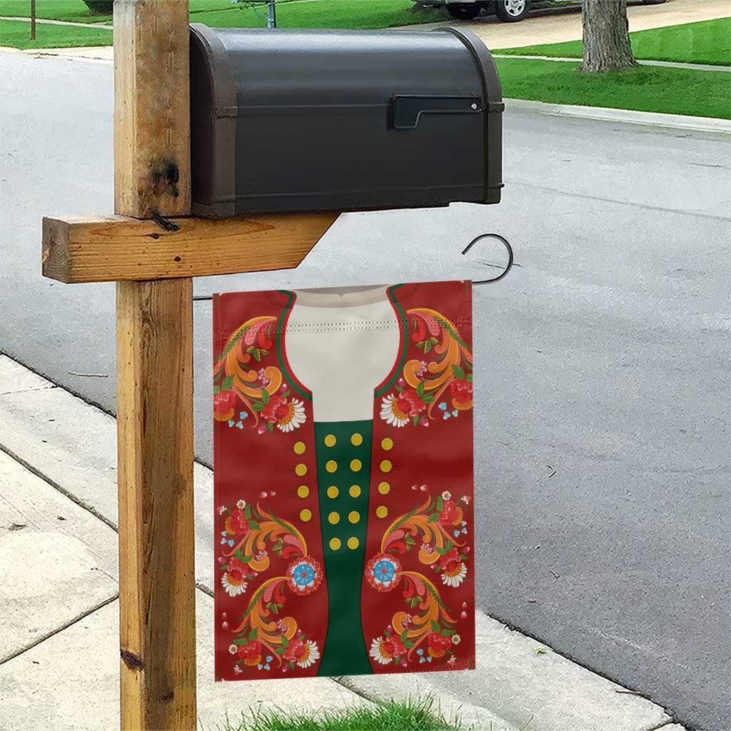 Norwegian Male Bunad Garden Flag with Rosemaling Folk Art Red Color - Wonder Print Shop