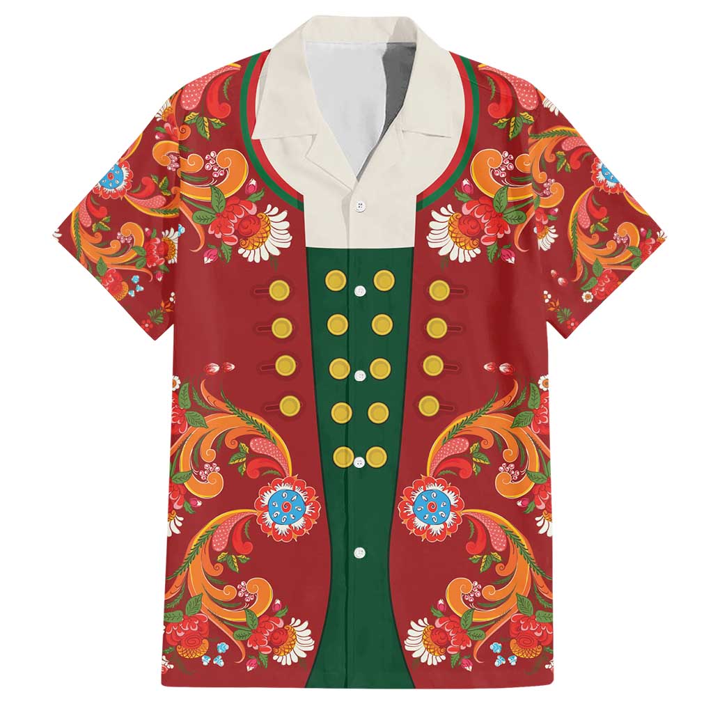 Norwegian Male Bunad Hawaiian Shirt with Rosemaling Folk Art Red Color - Wonder Print Shop