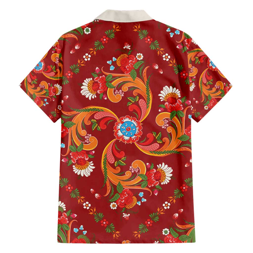 Norwegian Male Bunad Hawaiian Shirt with Rosemaling Folk Art Red Color - Wonder Print Shop