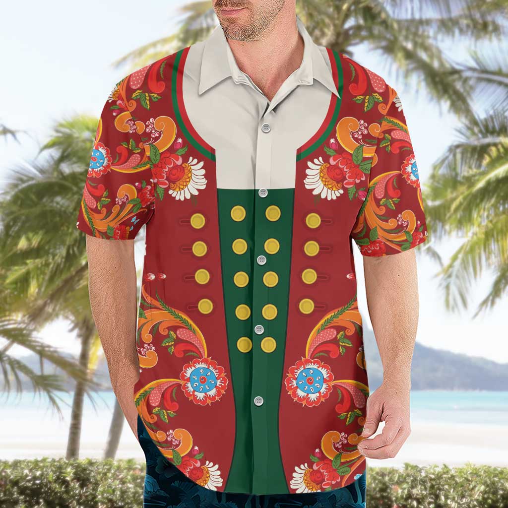 Norwegian Male Bunad Hawaiian Shirt with Rosemaling Folk Art Red Color - Wonder Print Shop
