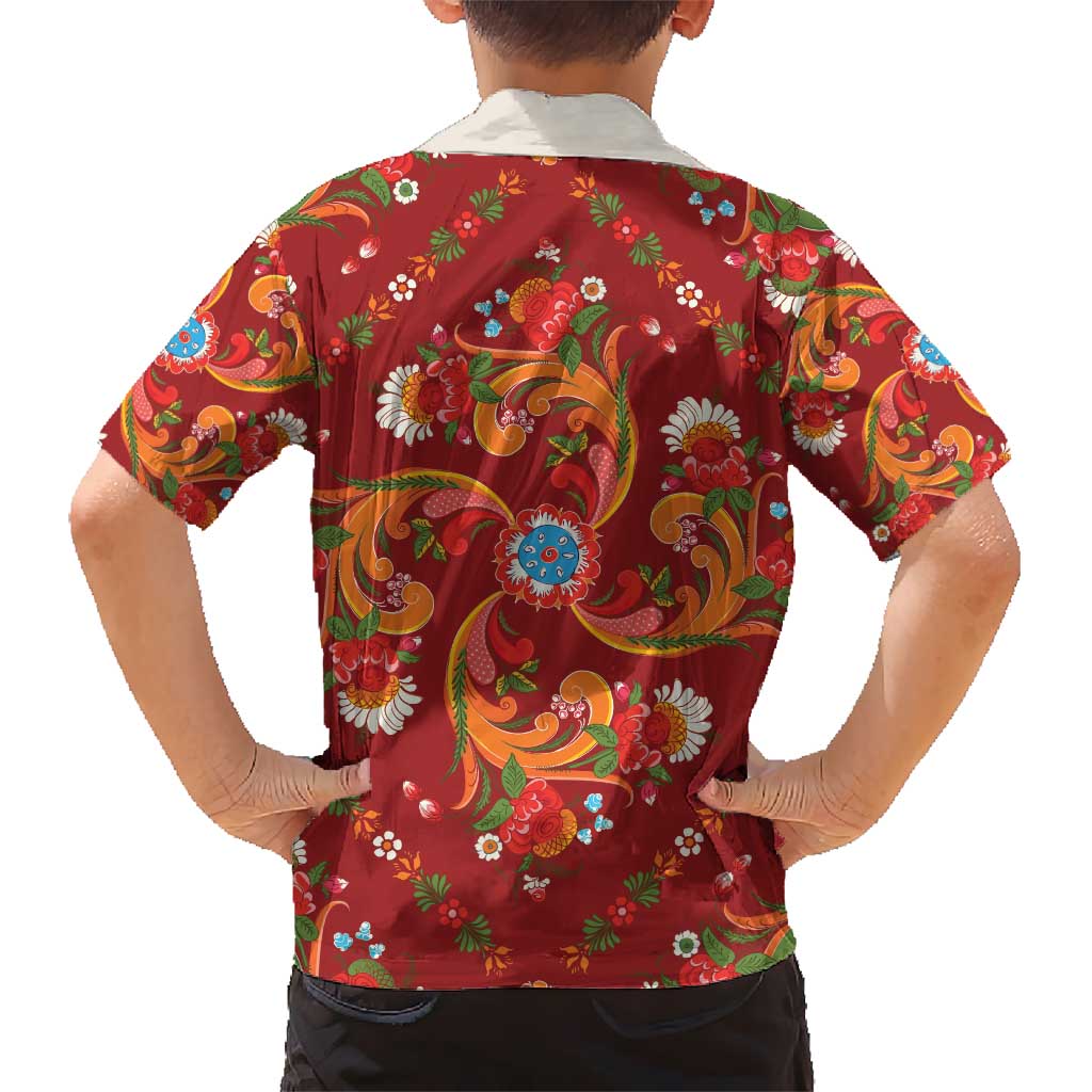 Norwegian Male Bunad Kid Hawaiian Shirt with Rosemaling Folk Art Red Color - Wonder Print Shop