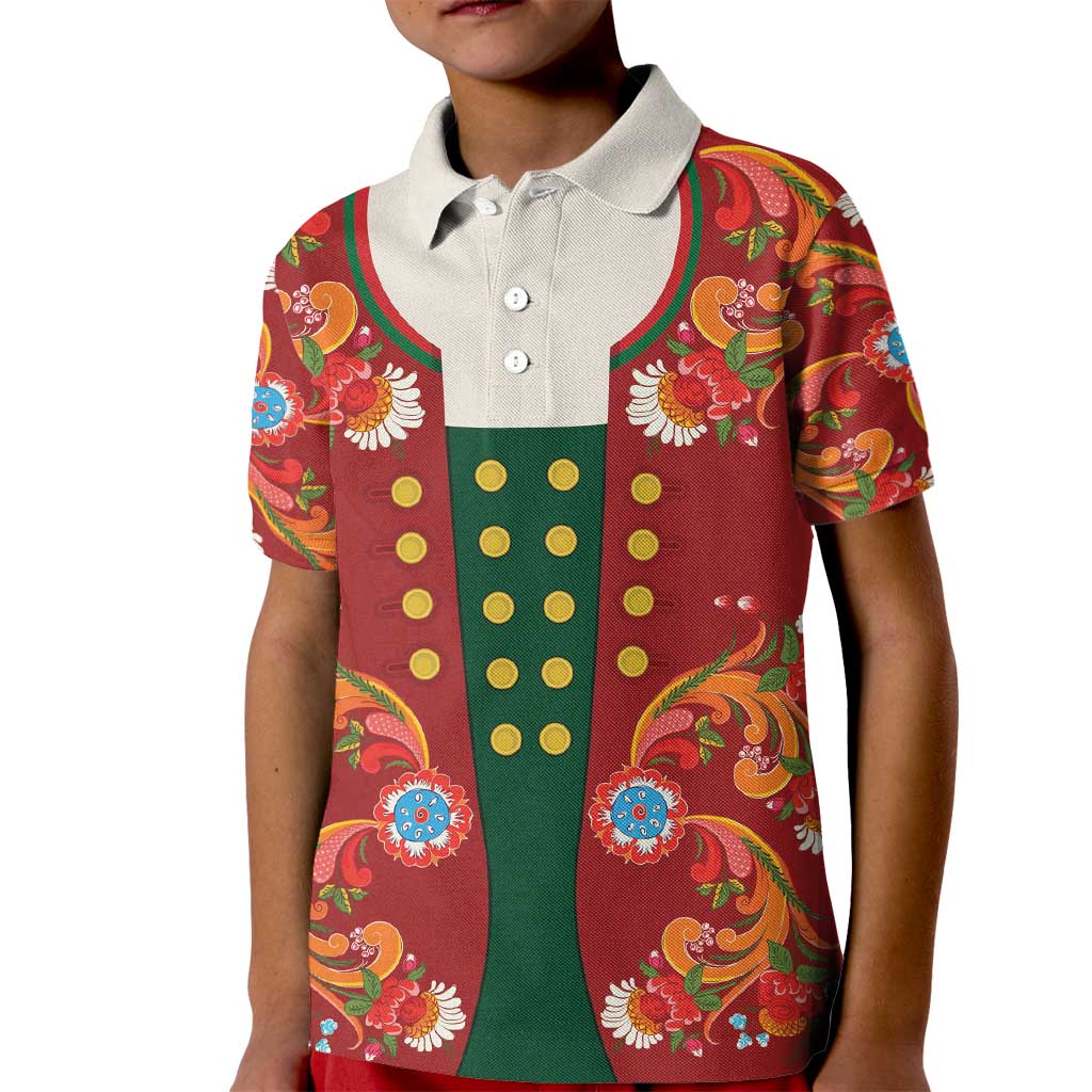 Norwegian Male Bunad Kid Polo Shirt with Rosemaling Folk Art Red Color - Wonder Print Shop
