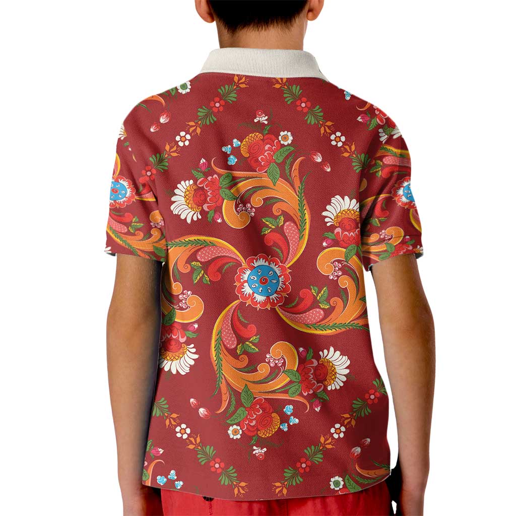 Norwegian Male Bunad Kid Polo Shirt with Rosemaling Folk Art Red Color - Wonder Print Shop