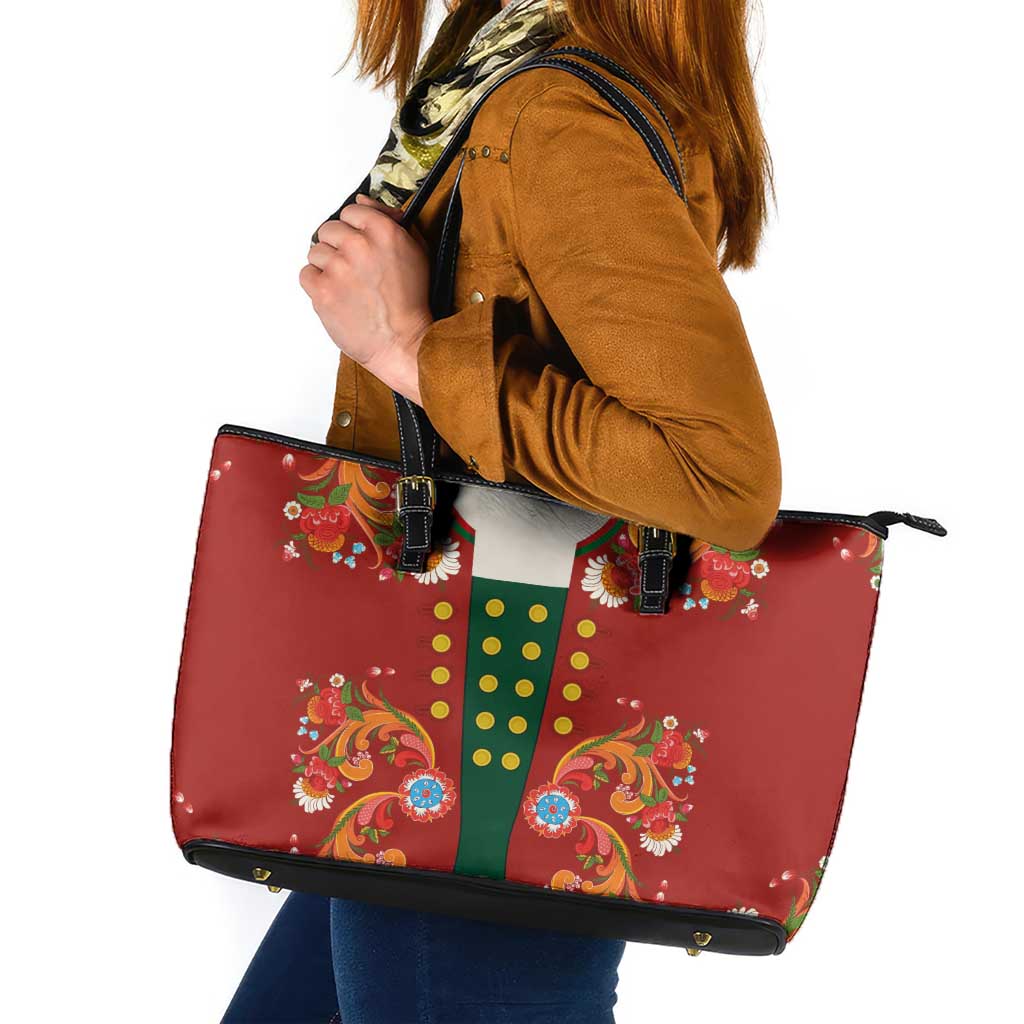 Norwegian Male Bunad Leather Tote Bag with Rosemaling Folk Art Red Color - Wonder Print Shop