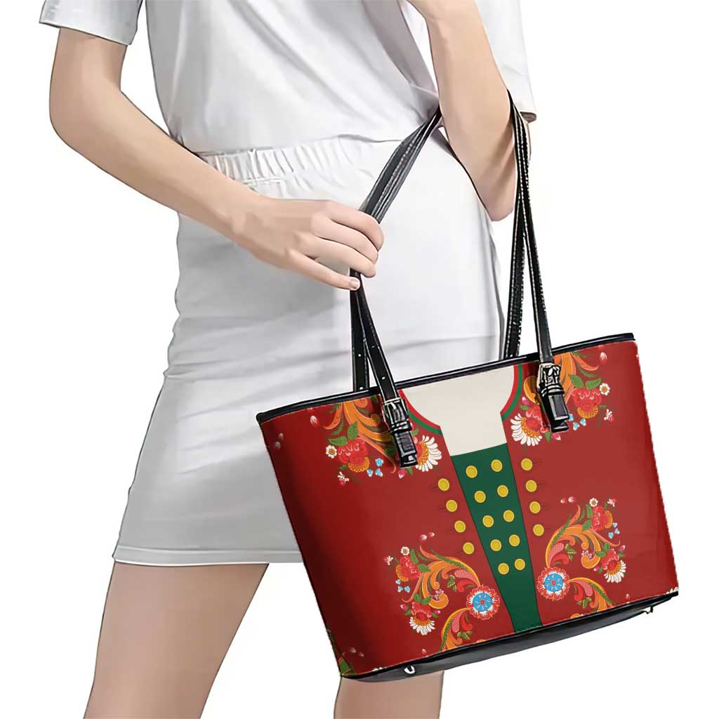 Norwegian Male Bunad Leather Tote Bag with Rosemaling Folk Art Red Color - Wonder Print Shop