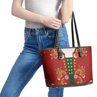 Norwegian Male Bunad Leather Tote Bag with Rosemaling Folk Art Red Color - Wonder Print Shop