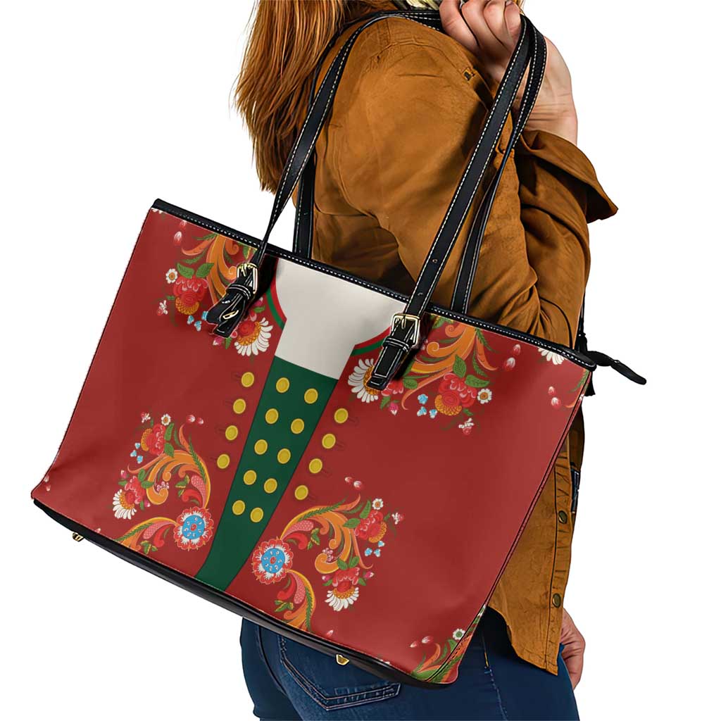 Norwegian Male Bunad Leather Tote Bag with Rosemaling Folk Art Red Color - Wonder Print Shop