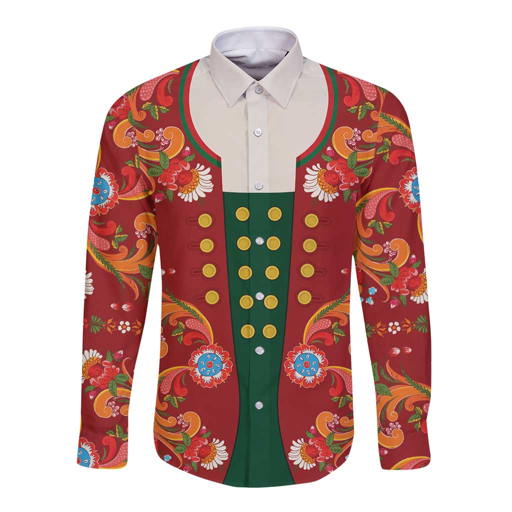 Norwegian Male Bunad Long Sleeve Button Shirt with Rosemaling Folk Art Red Color - Wonder Print Shop
