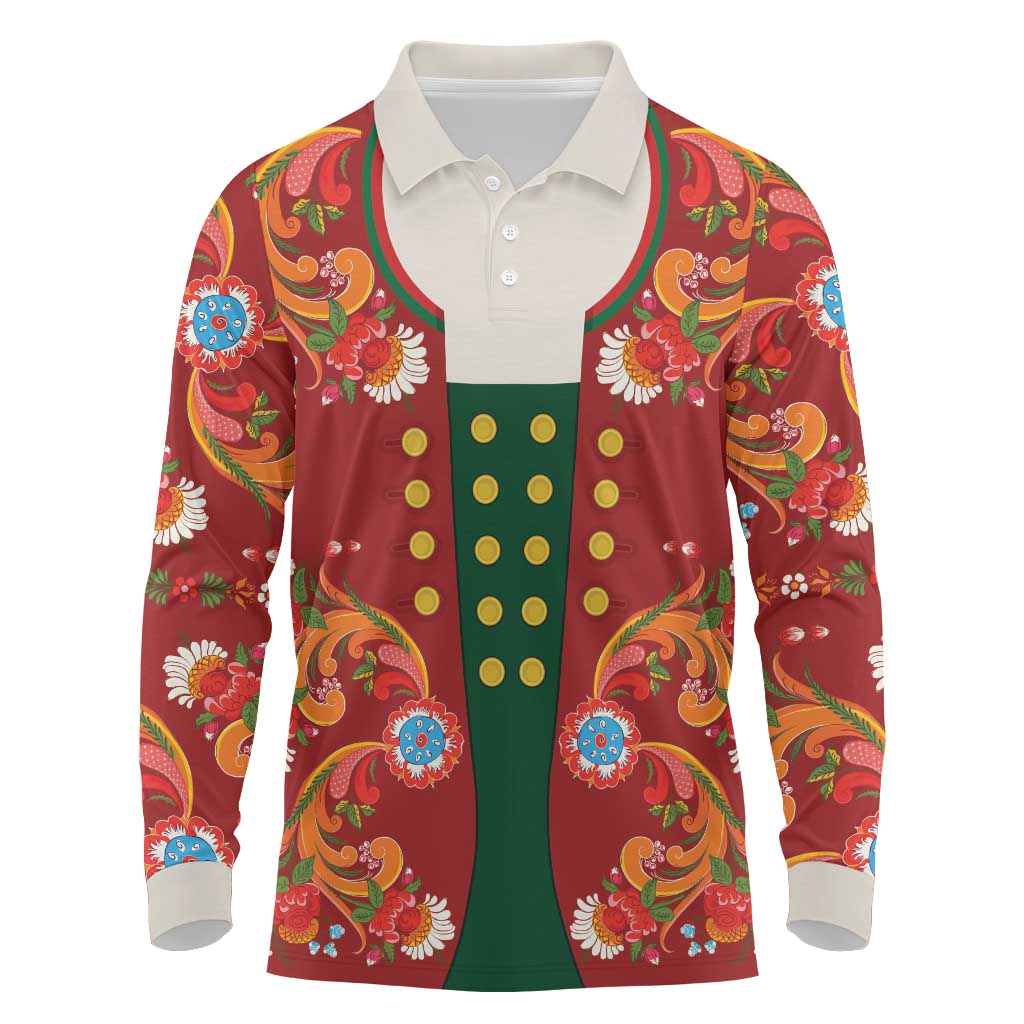 Norwegian Male Bunad Long Sleeve Polo Shirt with Rosemaling Folk Art Red Color - Wonder Print Shop