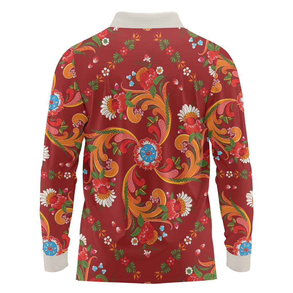Norwegian Male Bunad Long Sleeve Polo Shirt with Rosemaling Folk Art Red Color - Wonder Print Shop