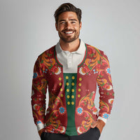 Norwegian Male Bunad Long Sleeve Polo Shirt with Rosemaling Folk Art Red Color - Wonder Print Shop