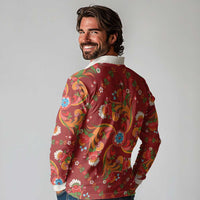 Norwegian Male Bunad Long Sleeve Polo Shirt with Rosemaling Folk Art Red Color - Wonder Print Shop