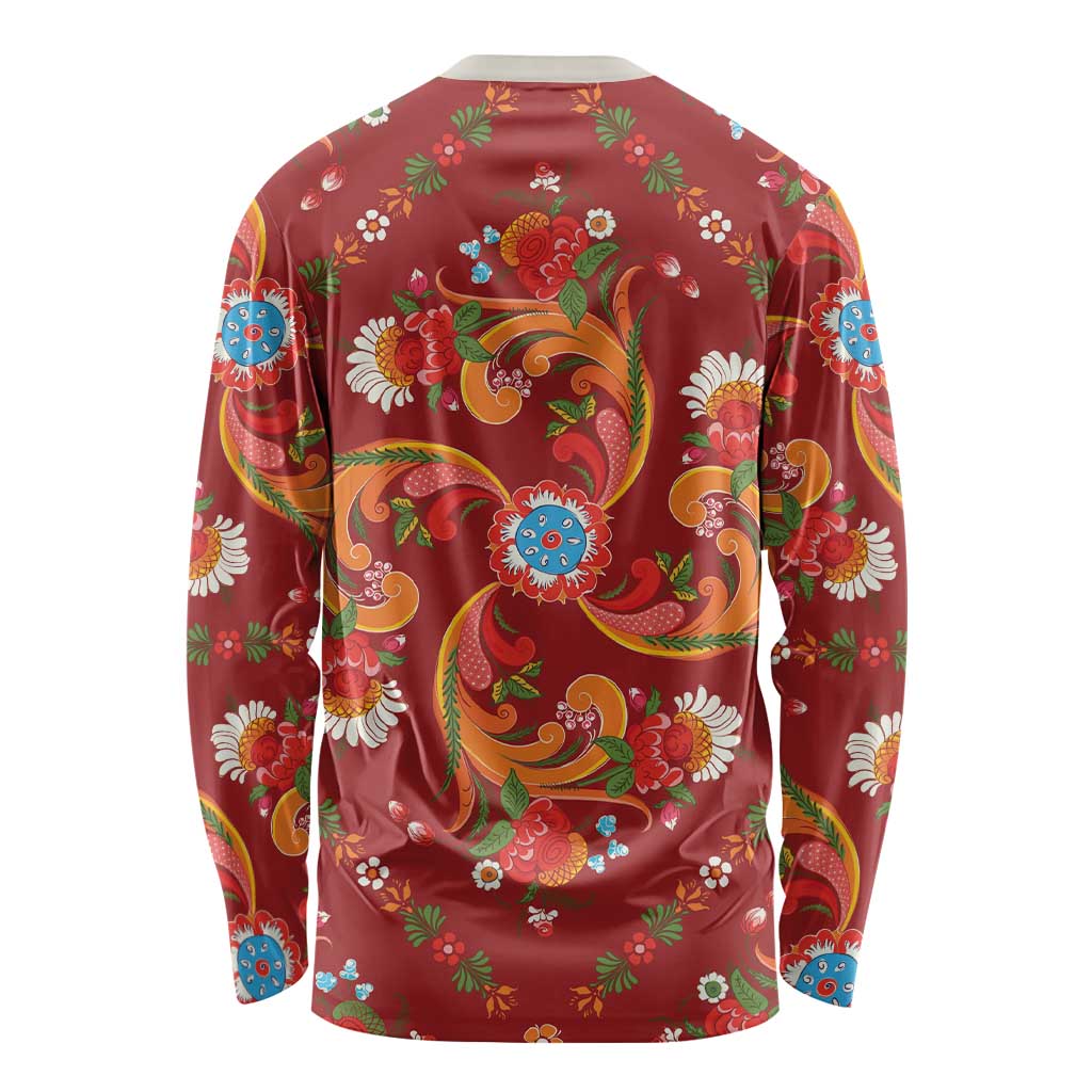 Norwegian Male Bunad Long Sleeve Shirt with Rosemaling Folk Art Red Color - Wonder Print Shop