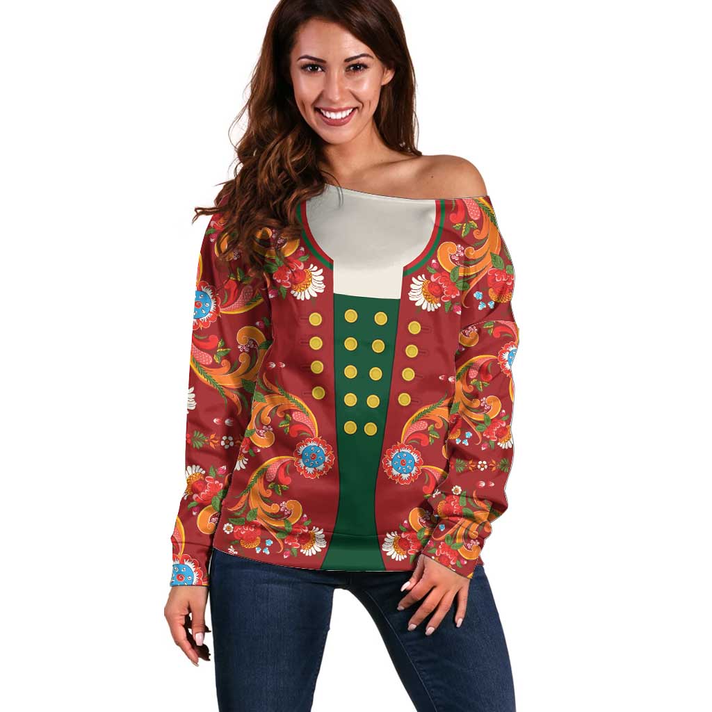 Norwegian Male Bunad Off Shoulder Sweater with Rosemaling Folk Art Red Color - Wonder Print Shop