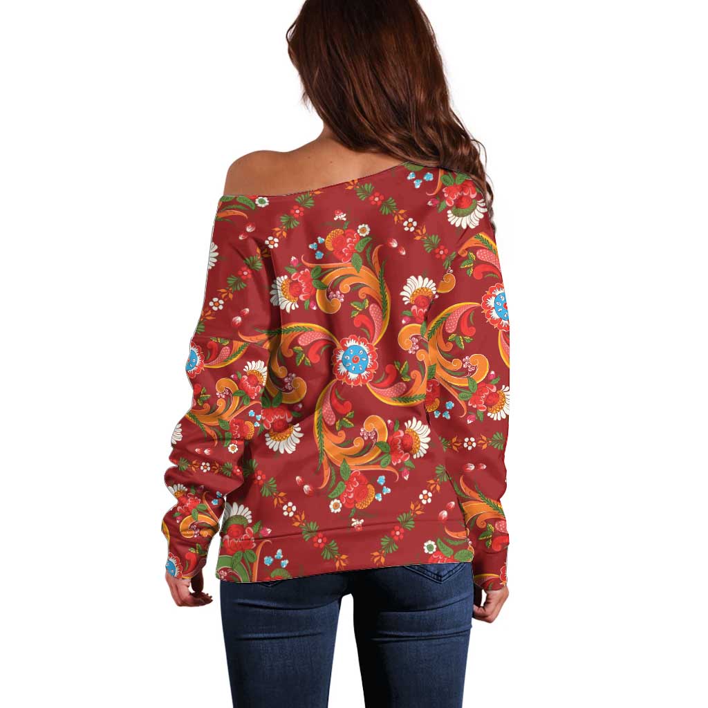 Norwegian Male Bunad Off Shoulder Sweater with Rosemaling Folk Art Red Color - Wonder Print Shop
