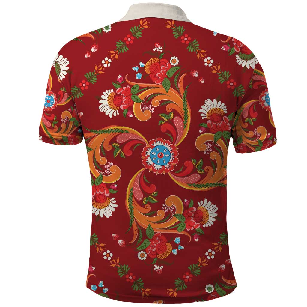 Norwegian Male Bunad Polo Shirt with Rosemaling Folk Art Red Color - Wonder Print Shop