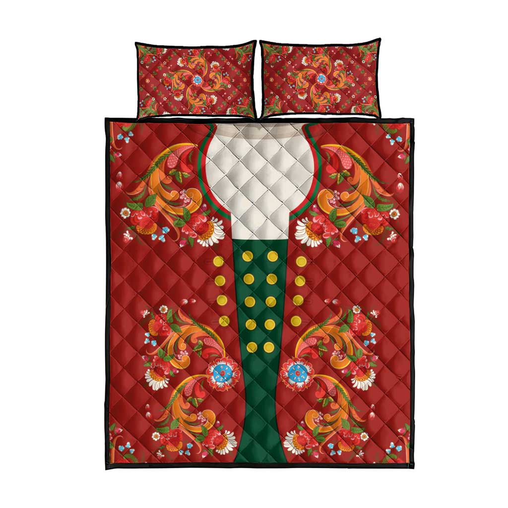 Norwegian Male Bunad Quilt Bed Set with Rosemaling Folk Art Red Color - Wonder Print Shop
