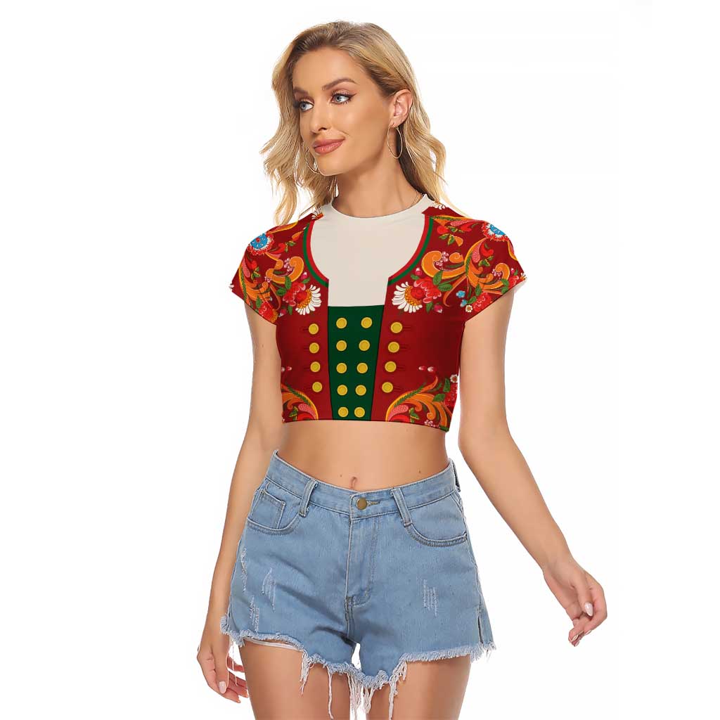 Norwegian Male Bunad Raglan Cropped T Shirt with Rosemaling Folk Art Red Color - Wonder Print Shop