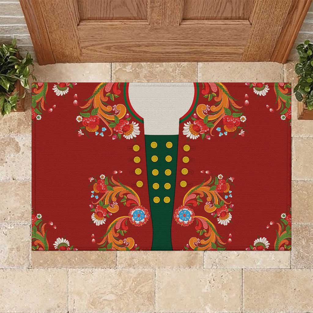 Norwegian Male Bunad Rubber Doormat with Rosemaling Folk Art Red Color - Wonder Print Shop