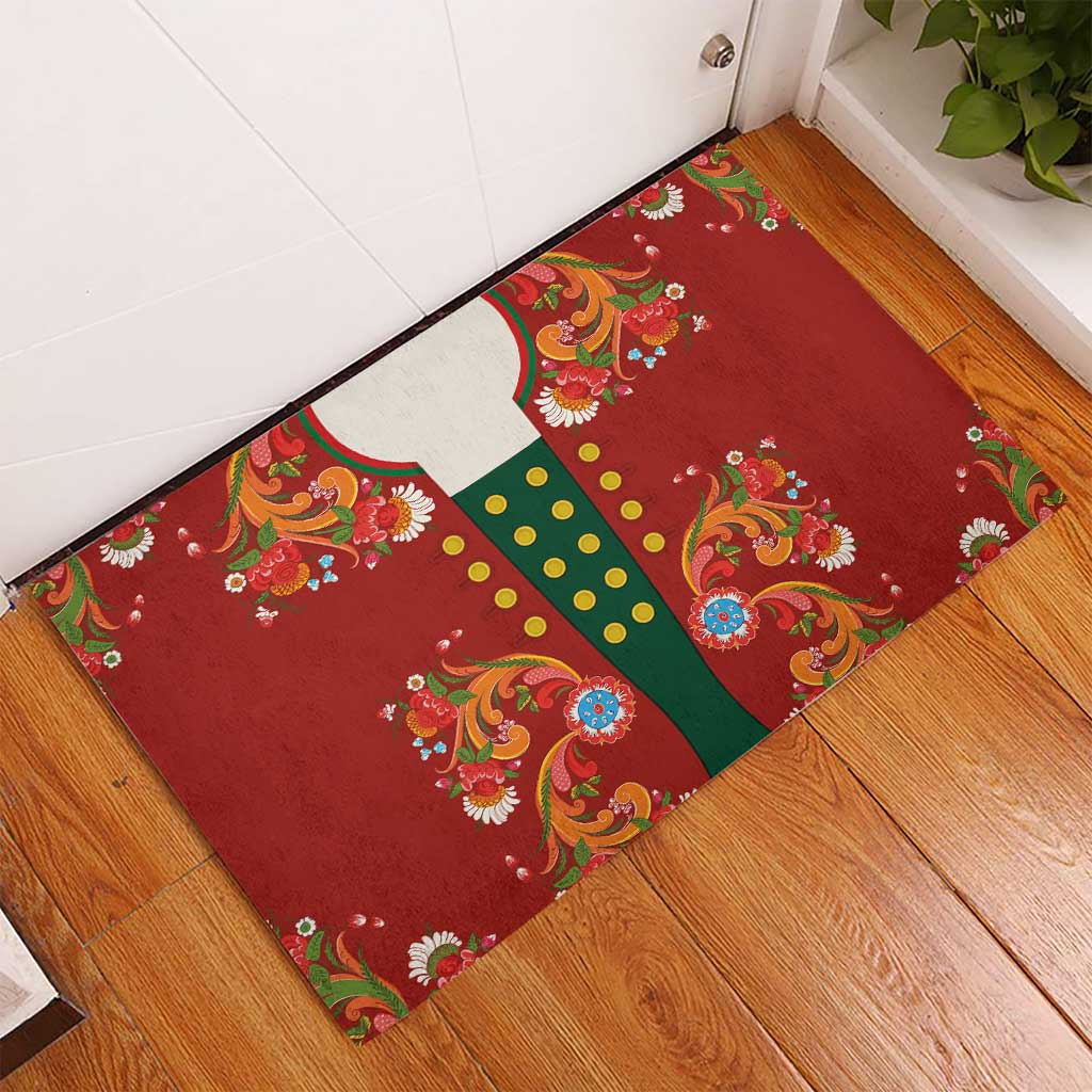 Norwegian Male Bunad Rubber Doormat with Rosemaling Folk Art Red Color - Wonder Print Shop