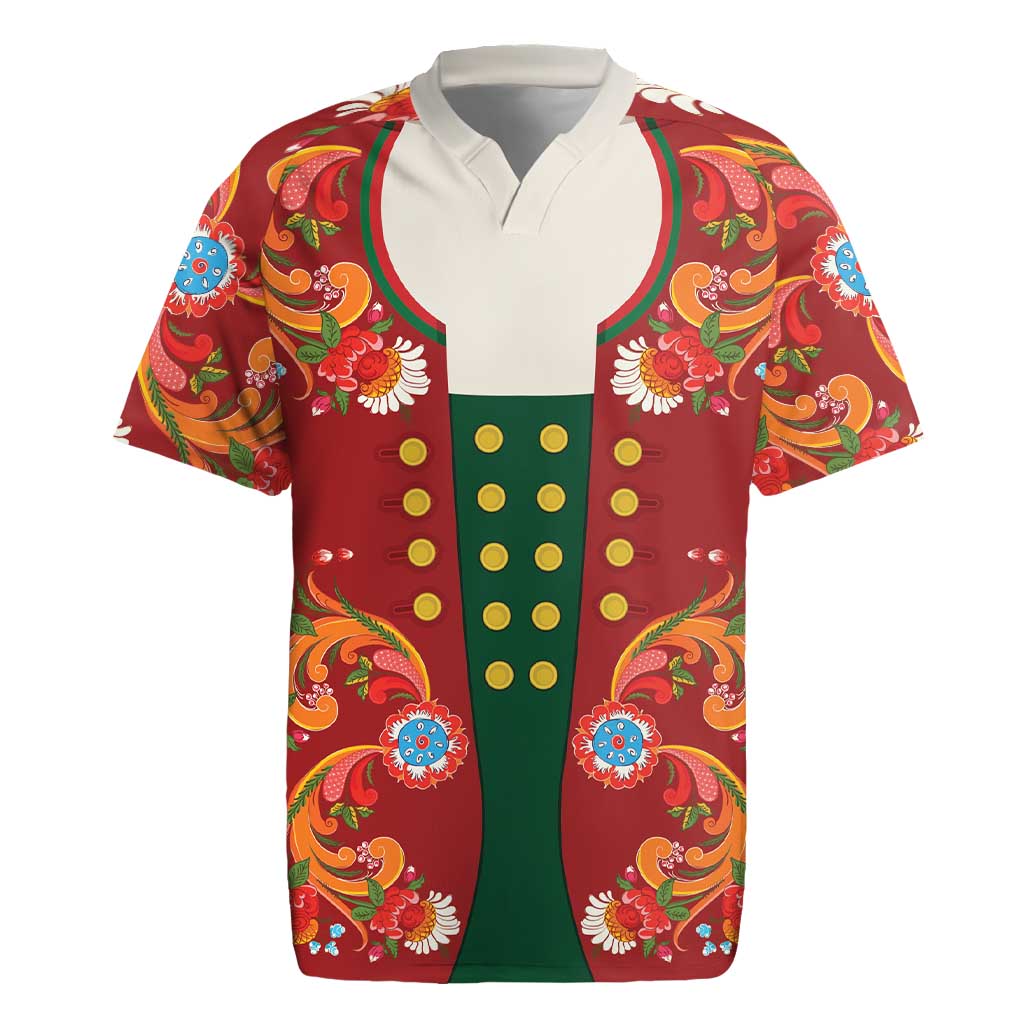 Norwegian Male Bunad Rugby Jersey with Rosemaling Folk Art Red Color - Wonder Print Shop