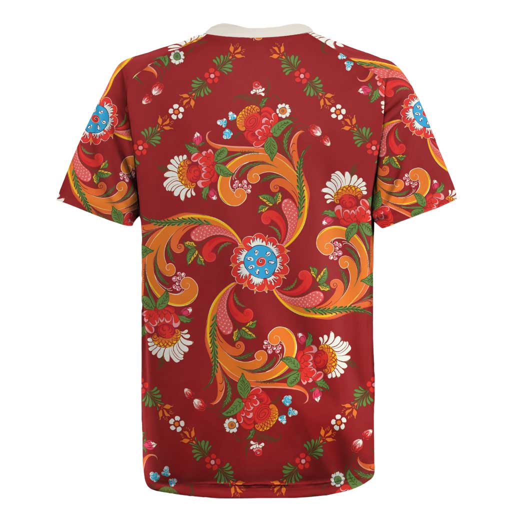 Norwegian Male Bunad Rugby Jersey with Rosemaling Folk Art Red Color - Wonder Print Shop