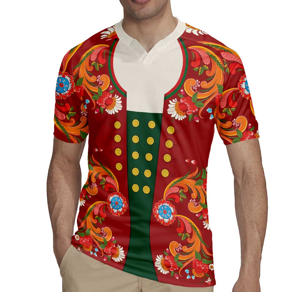 Norwegian Male Bunad Rugby Jersey with Rosemaling Folk Art Red Color - Wonder Print Shop
