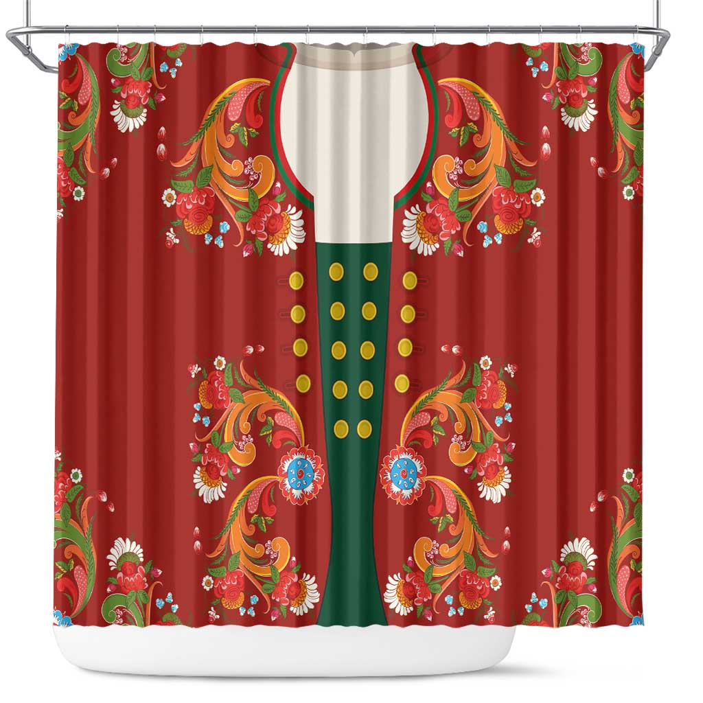 Norwegian Male Bunad Shower Curtain with Rosemaling Folk Art Red Color - Wonder Print Shop