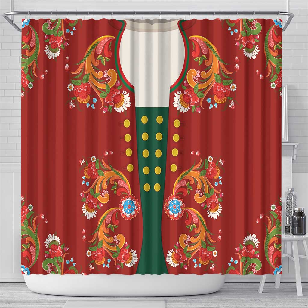 Norwegian Male Bunad Shower Curtain with Rosemaling Folk Art Red Color - Wonder Print Shop