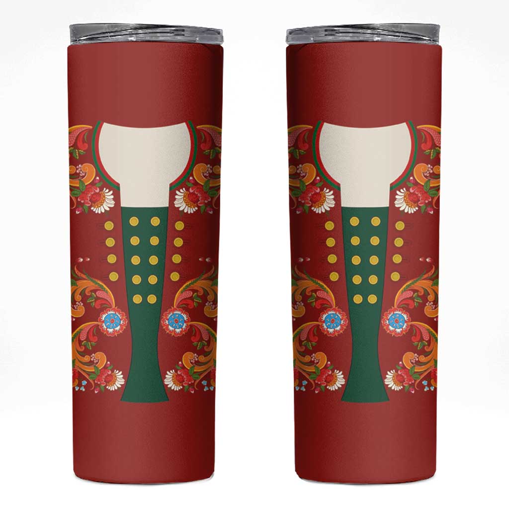 Norwegian Male Bunad Skinny Tumbler with Rosemaling Folk Art Red Color - Wonder Print Shop