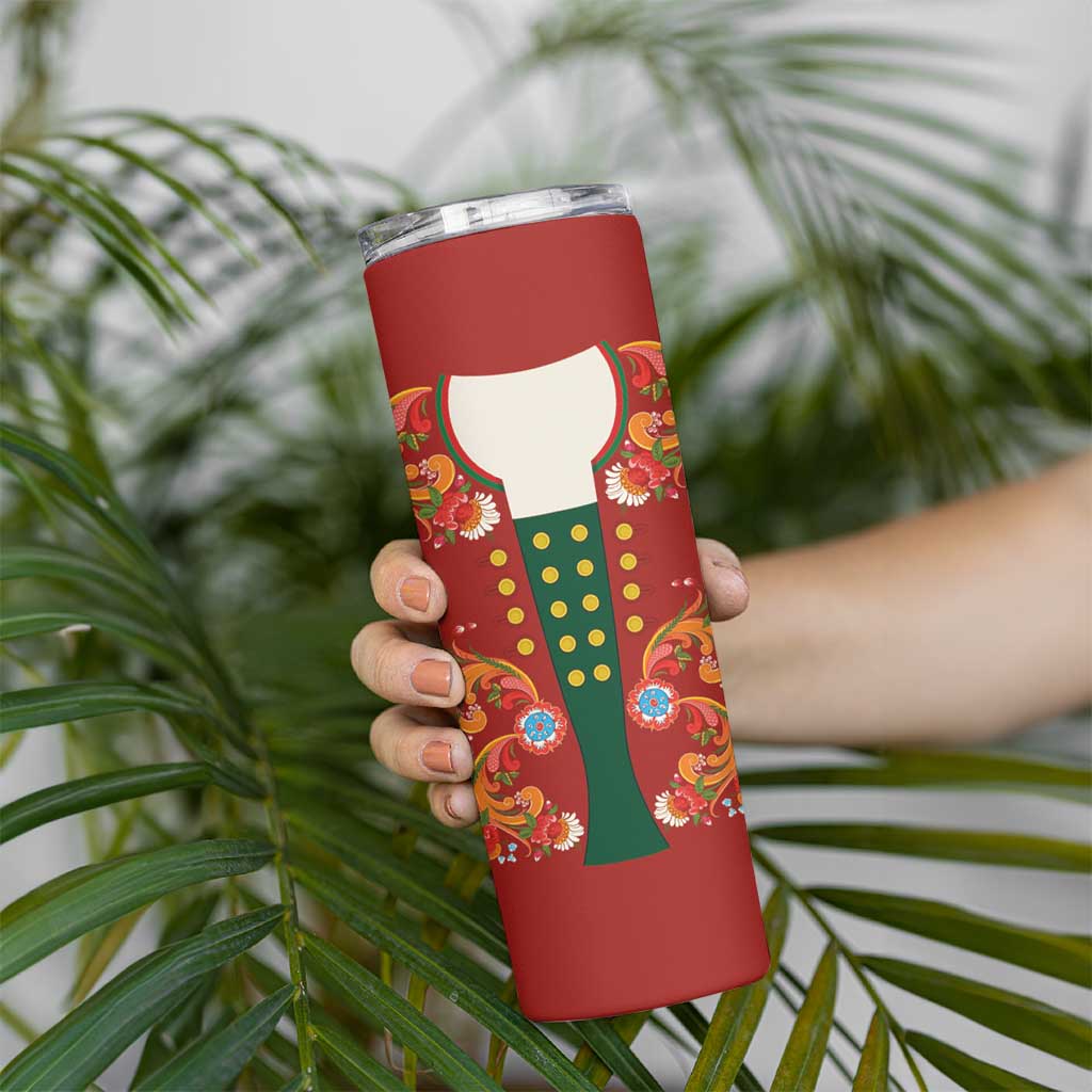 Norwegian Male Bunad Skinny Tumbler with Rosemaling Folk Art Red Color - Wonder Print Shop