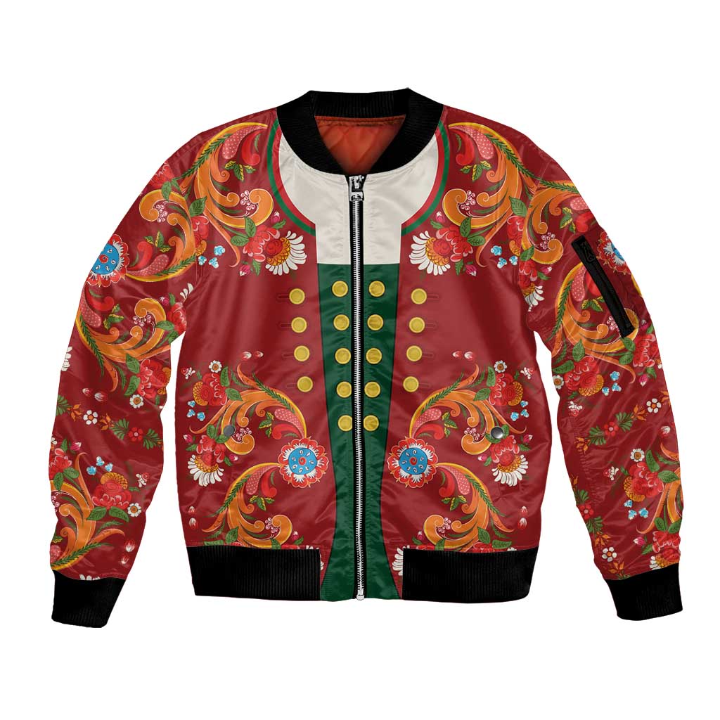 Norwegian Male Bunad Sleeve Zip Bomber Jacket with Rosemaling Folk Art Red Color - Wonder Print Shop