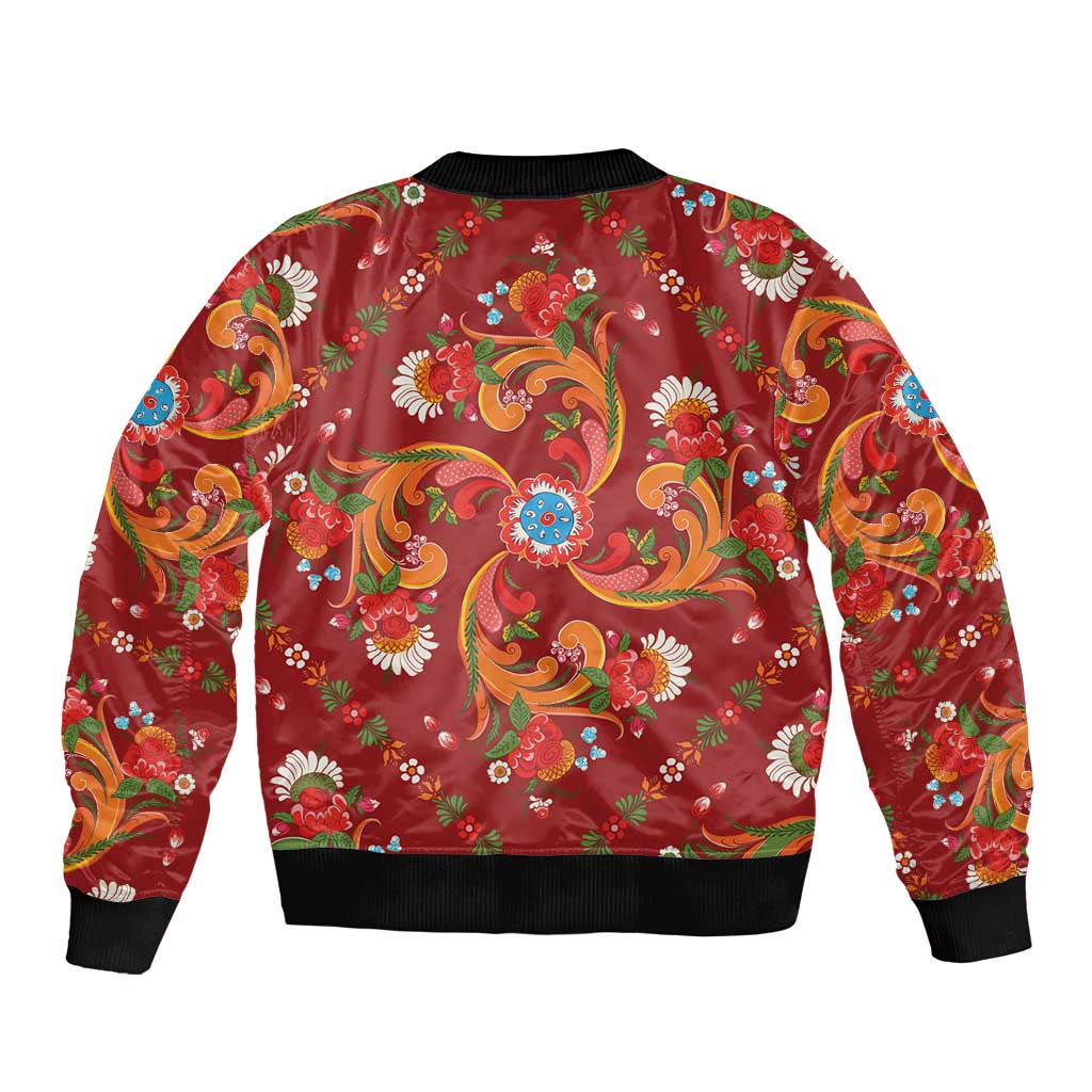 Norwegian Male Bunad Sleeve Zip Bomber Jacket with Rosemaling Folk Art Red Color - Wonder Print Shop