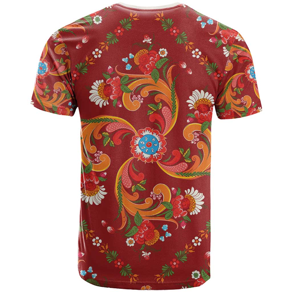 Norwegian Male Bunad T Shirt with Rosemaling Folk Art Red Color - Wonder Print Shop