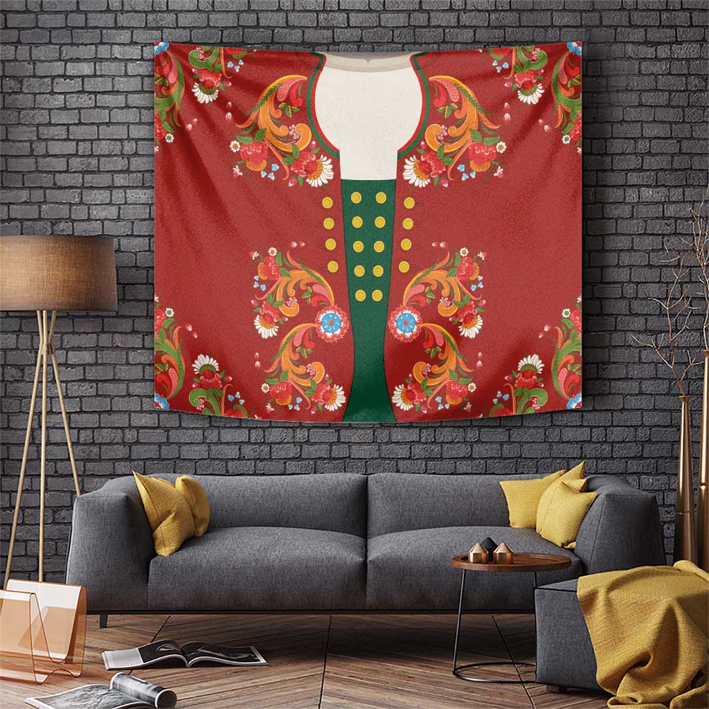 Norwegian Male Bunad Tapestry with Rosemaling Folk Art Red Color - Wonder Print Shop